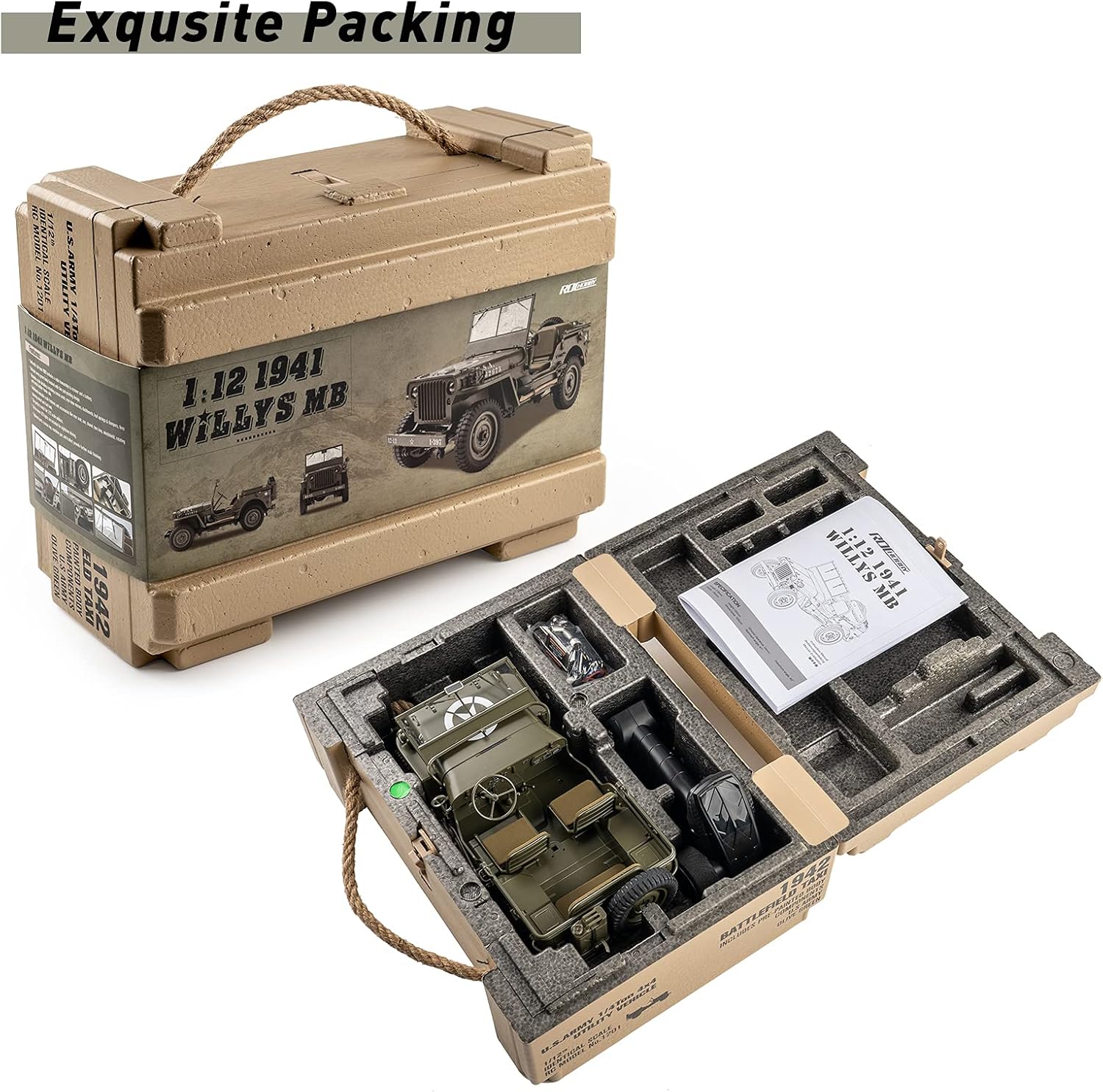 WOWRC RocHobby 1/12 1941 MB Scaler RC Jeep, 4x4 Hobby Grade RTR RC Car Mini RC Rock Crawler Military, 2.4Ghz RC Truck with LED Lights, Battery and USB Charger for Adults