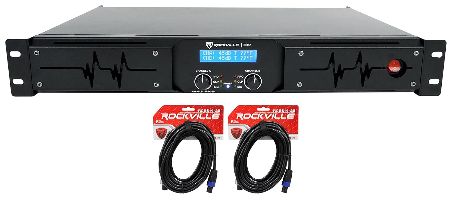 Rockville D12 5000w Peak/1400w RMS Power Amplifier 2 Channel Class D Pro/DJ Amp Bundle with (2) Rockvile RCSS1425 25' 14 AWG Speakon to Speakon Speaker Cable 100% Copper