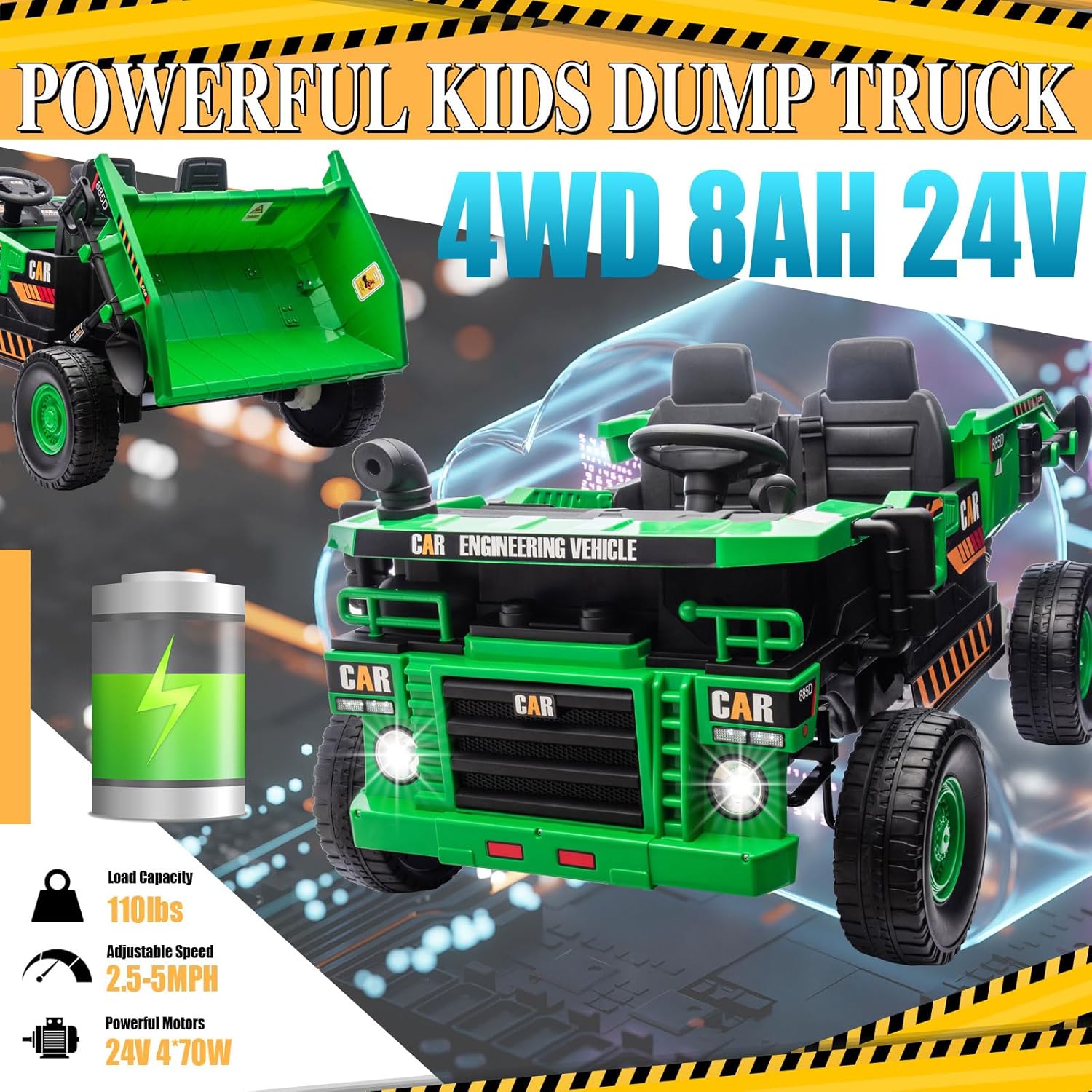 24V Ride on Dump Truck, 4WD Kids Car with Remote Control, Electric Dump Bed and Shovel, Ride on Construction Vehicles 4X70W Powerful Motors Up to 5Mph, 2 Seater Soft Start for Boys Girls