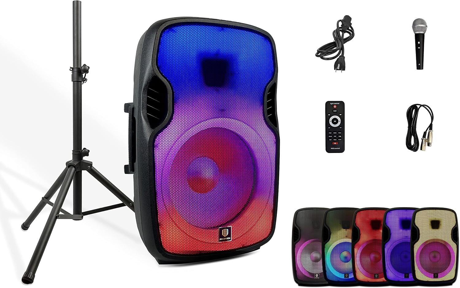 PRORECK Titan 15A 600W 15inch LED Powered Bluetooth PA Speaker with Height Adjustable Stand, Remote Control and Mic, TWS Stereo Pairing, Suitable for Party, Wedding, DJ Gig etc.
