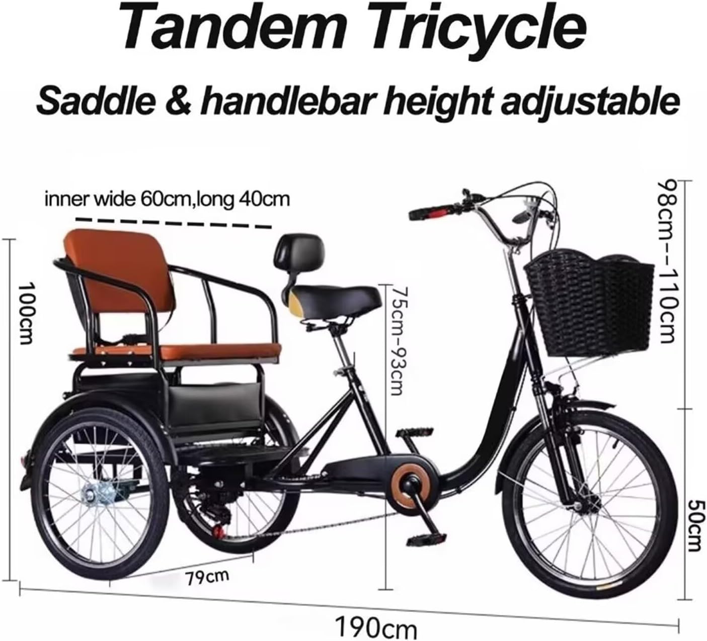 Elderly Tricycle Pedal with 6-speeds Shifting,Rickshaw Tricycle with Shock-Absorber Front Fork,Cruiser Trike for Hanging Out and Traveling,3 Wheels Bicycles with Back seat, red