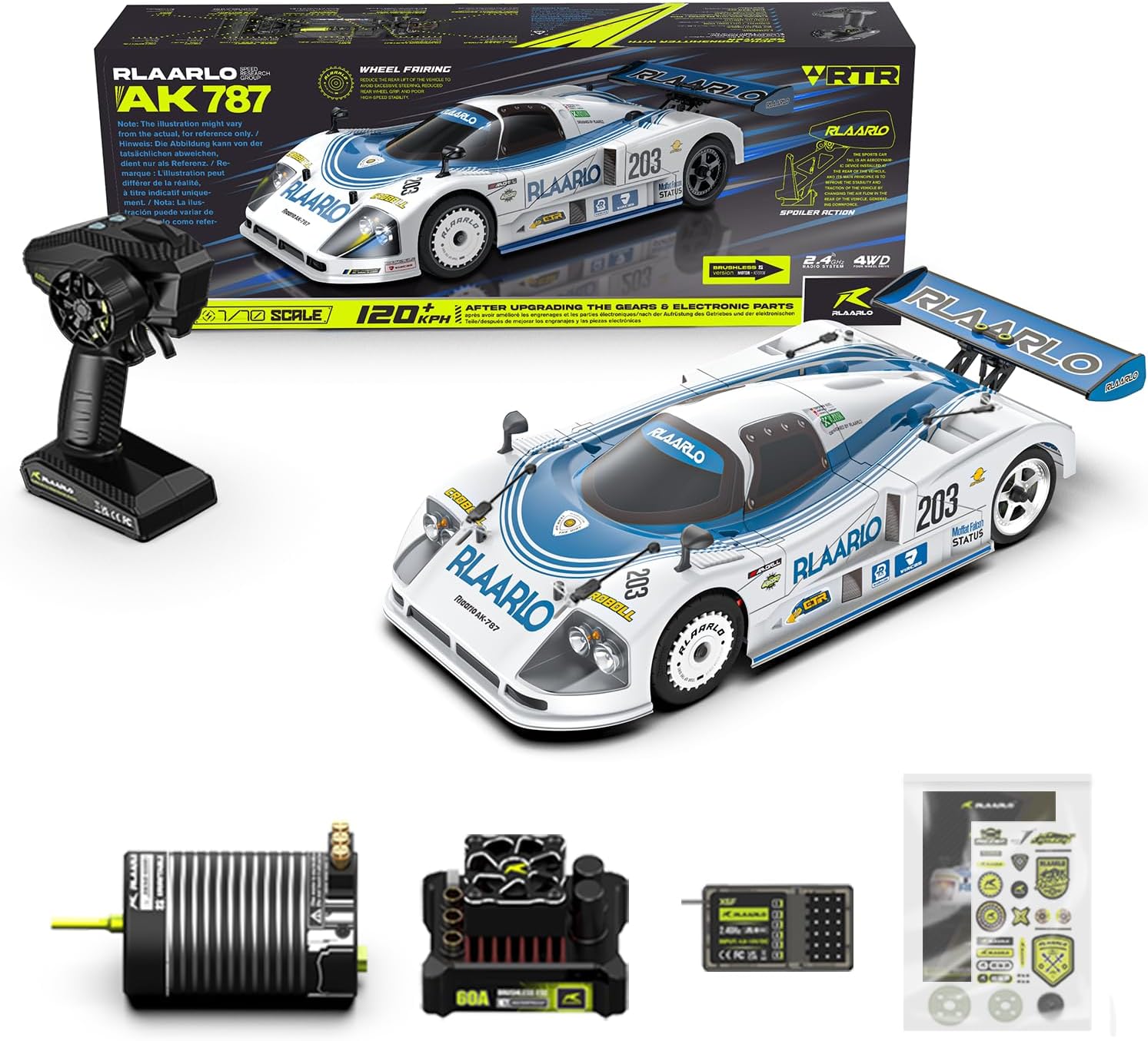 AMORIL RLAARLO 1/10 AK-787 Fast Brushless RC Cars for Adults,Max 75mph Hobby Electric On-Road RTR with 3650 4300KV Brushless Motor,60A Independent ESC,Remote Control Car for Boys,White