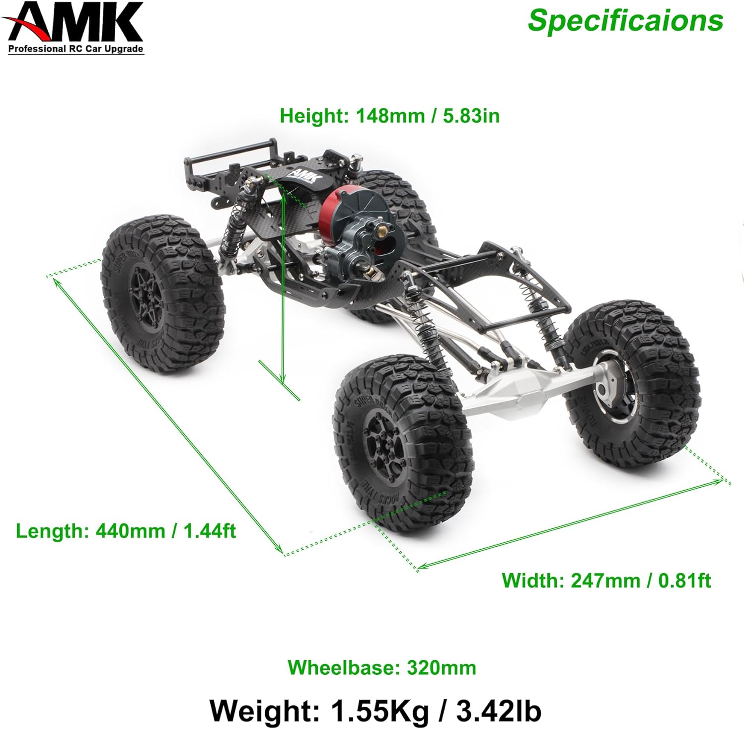 AMK 320mm Wheelbase 1/10 RC Chassis Frame Carbon Fiber LCG Crawlers Body with 1.9 Beadlock Wheels and Tires for Axial SCX10 Upgrades DIY Builder Kit (B)