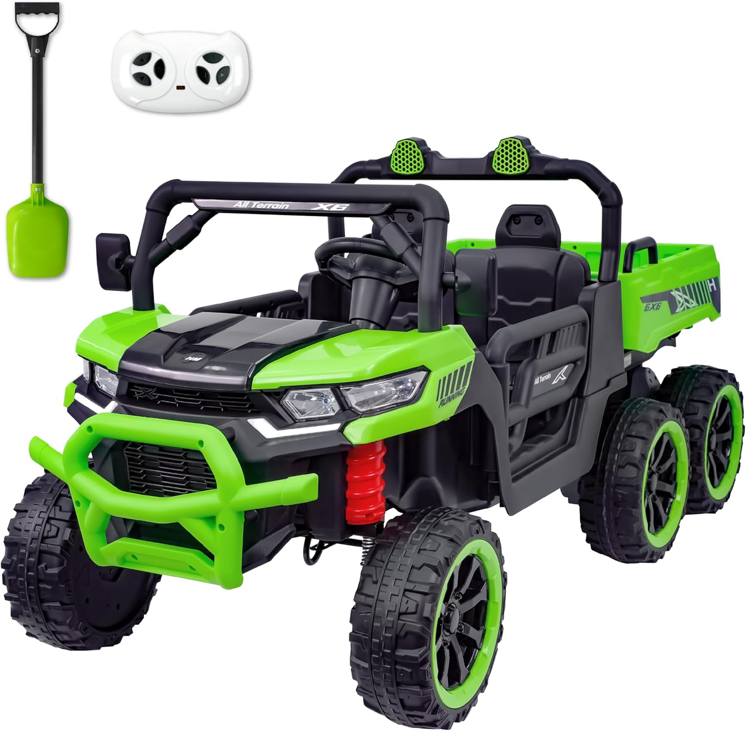 24V Ride On 2 Seater Dump Truck with Remote Control, 6x6 Electric UTV Car with Electric Dump Bed, 2 Speed 4WD Power Ride Cars 6x6 Wheels Music, Storage Trunk, Shovel for Boys Girls, Green