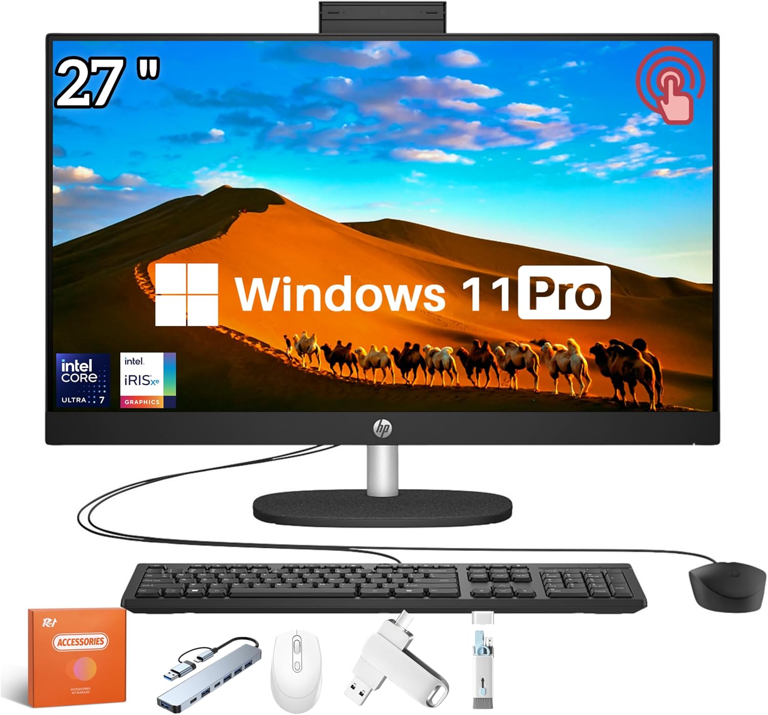 HP 27’’ Touchscreen All in One Desktop Computer, FHD IPS Eye Care Display, Intel 12-Core Ultra 7, Adjustable Height, 64GB DDR5, 2TB SSD, Win 11 Pro, Jet Black, Accessories