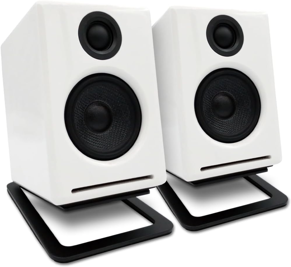 Audioengine A2 White Bluetooth Speakers and DS1M Metal Stands