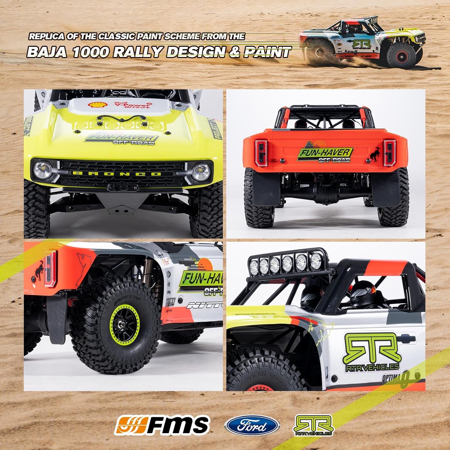 FMS 1/7 Ford Bronco RTR EB Fast RC Truck – Licensed by Ford & RTR Vehicles, 80km/h Short Course Truck, 4WD Brushless RC Car, CNC Metal Parts, Off-Road Rock Crawler 4x4 for Adults (2024 paint scheme)