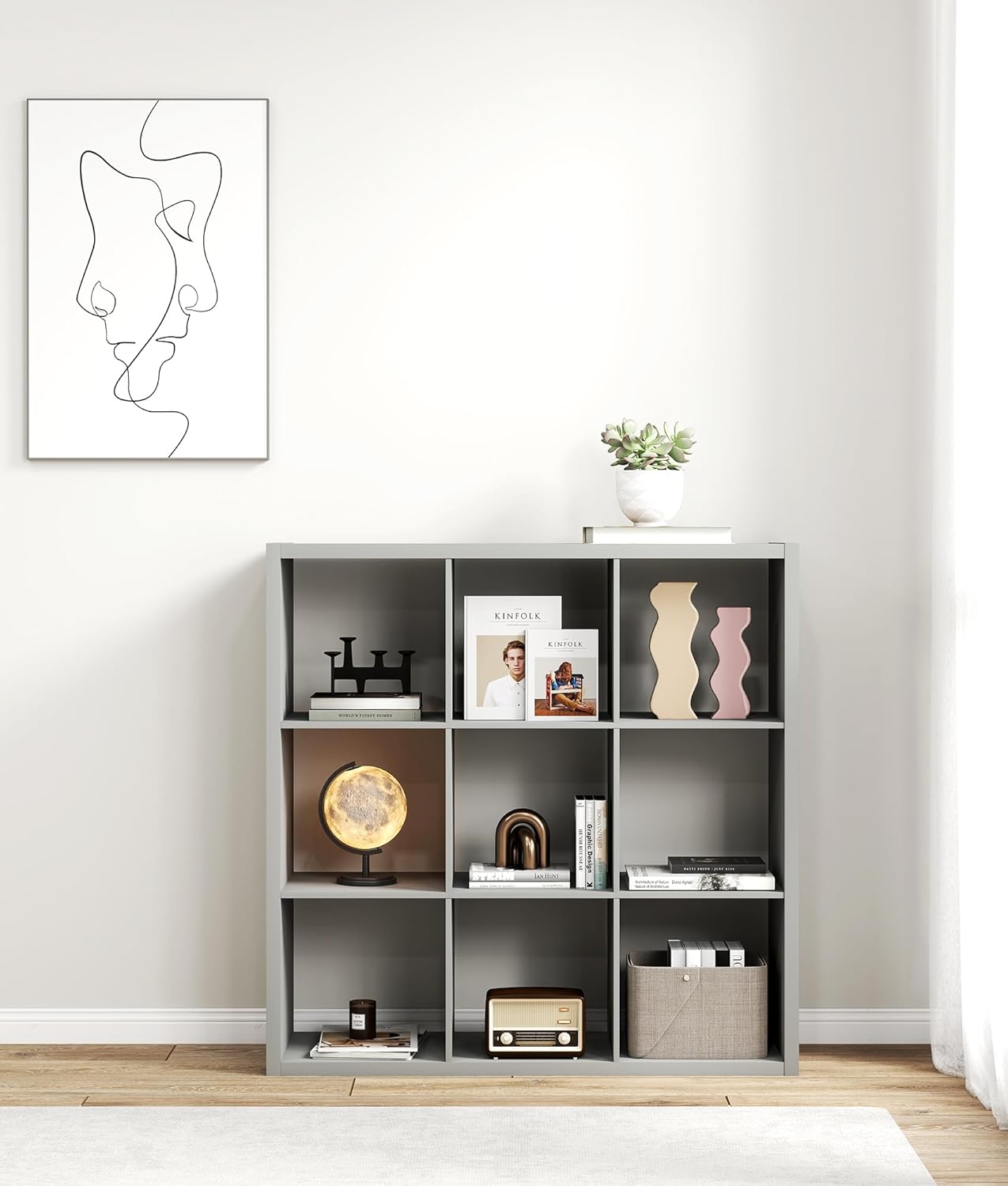 VPSMAT 9 Cube Bookshelf, 3-Tier Wooden Open Storage Bookcase, Modern Display Cabinet for Bedroom, Living Room, Light Grey