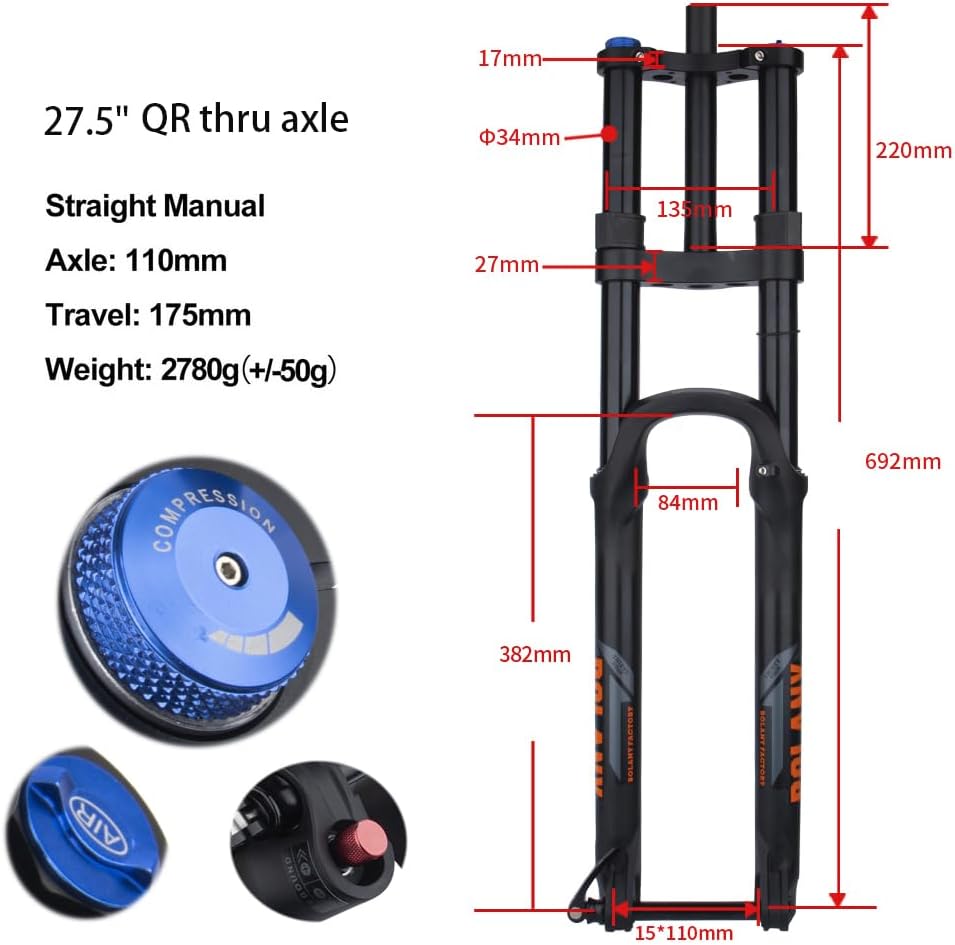 BOLANY 27.5/29inch Bike Suspension Fork 34mm Stanchions 1-1/8inch Straight/Tapered Steerer Double Shoulder Thru-Axle Boost 15 * 110mm Bicycle Fork MTB Air Forks 175mm Travel