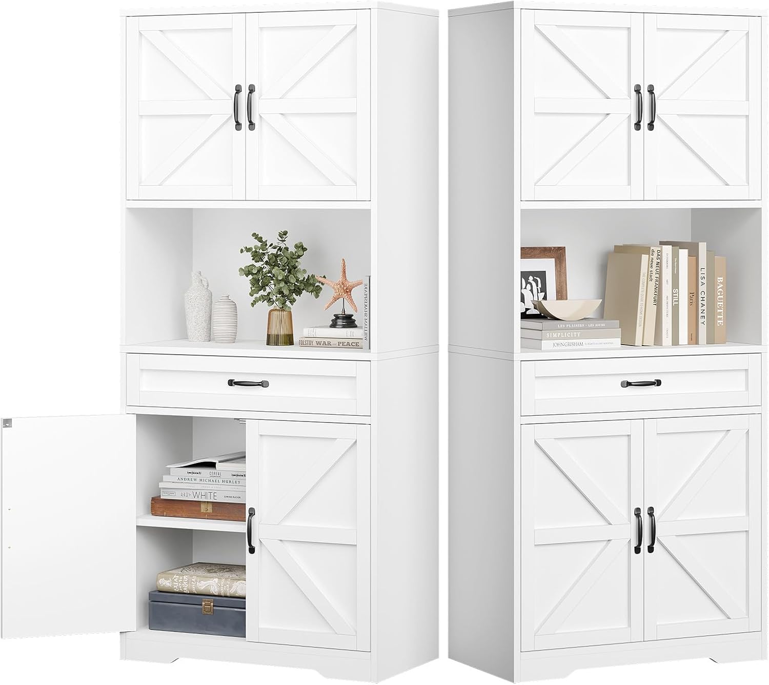 oneinmil 70'' Bookshelf and Bookcase Set of 2 Cabinet with Doors and Drawer Modern Organizer with Adjustable Shelves Tall Display Shelves Bookshelf with Storage Cabinets for Living Room(White,2 Pack)