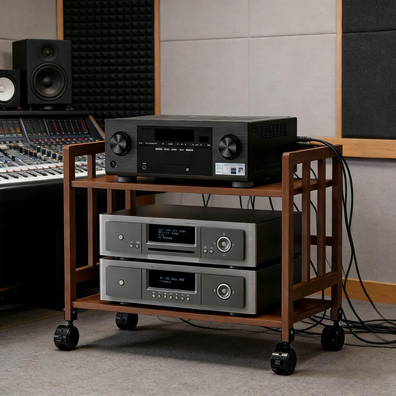 Mobile Two Tier Audio Stand Wheeled Shelves Adjustable Bamboo Storage Shelf Home Theater Equipment Rack(38x80x53cm)