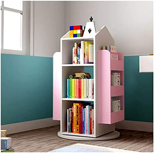 Katzowen Small Bookshelf 3-Tier 360° Rotating Children's Bookshelf Solid Wood Books Rack Floor Simple Child Book Shelf for Home Bookcases Furniture Child Gift (Color : White+Pink)