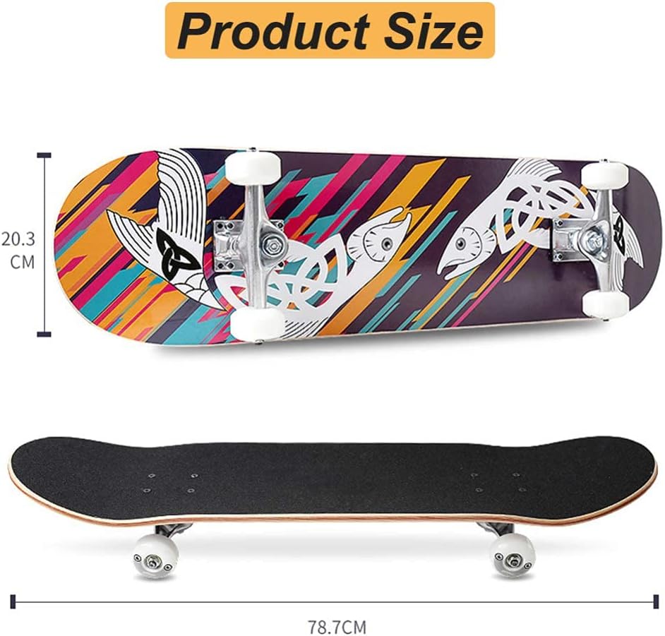 Complete Skateboard - 7-Ply Chinese Maple Wooden Skate Board - Perfect for Kids and Beginners Learning New Stunts and Tricks Skateboard Cruiser Retro Skateboard Wheels with All-in-One Skat (D)