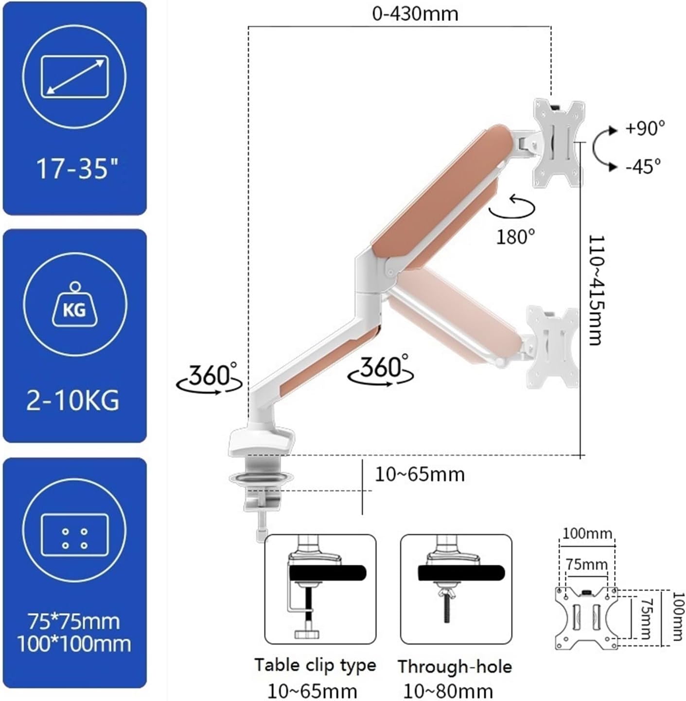 17-35 inch desktop monitor stand gas spring full motion stand LCD LED TV stand computer stand color M1(M1W White pink)