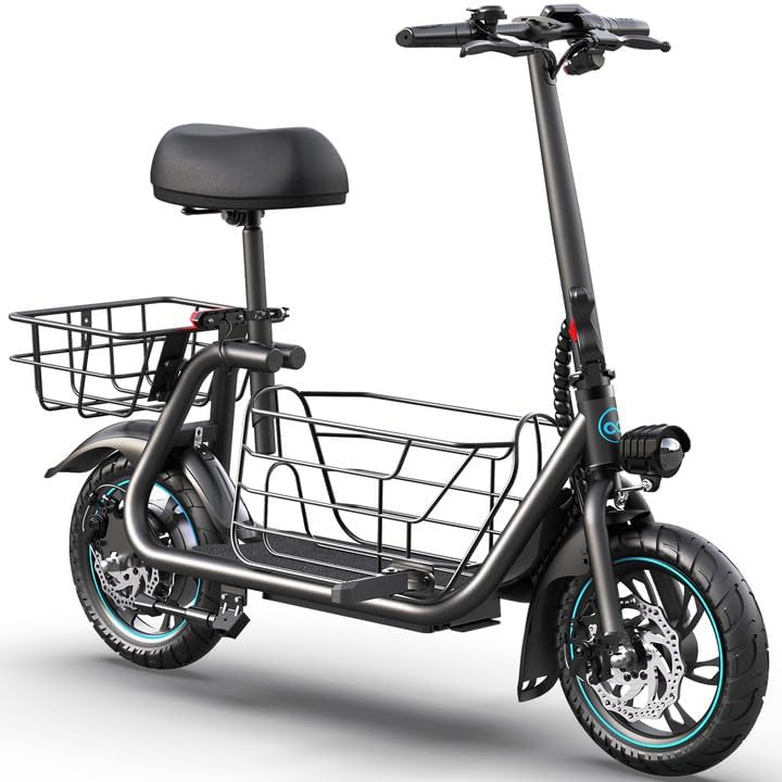 Gyroor Adults Electric Scooter with Large Middle Basket, 300W Motor 15.5 MPH 20 Mile Distance, Foldable E-Scooter with seat for Pets & Cargo