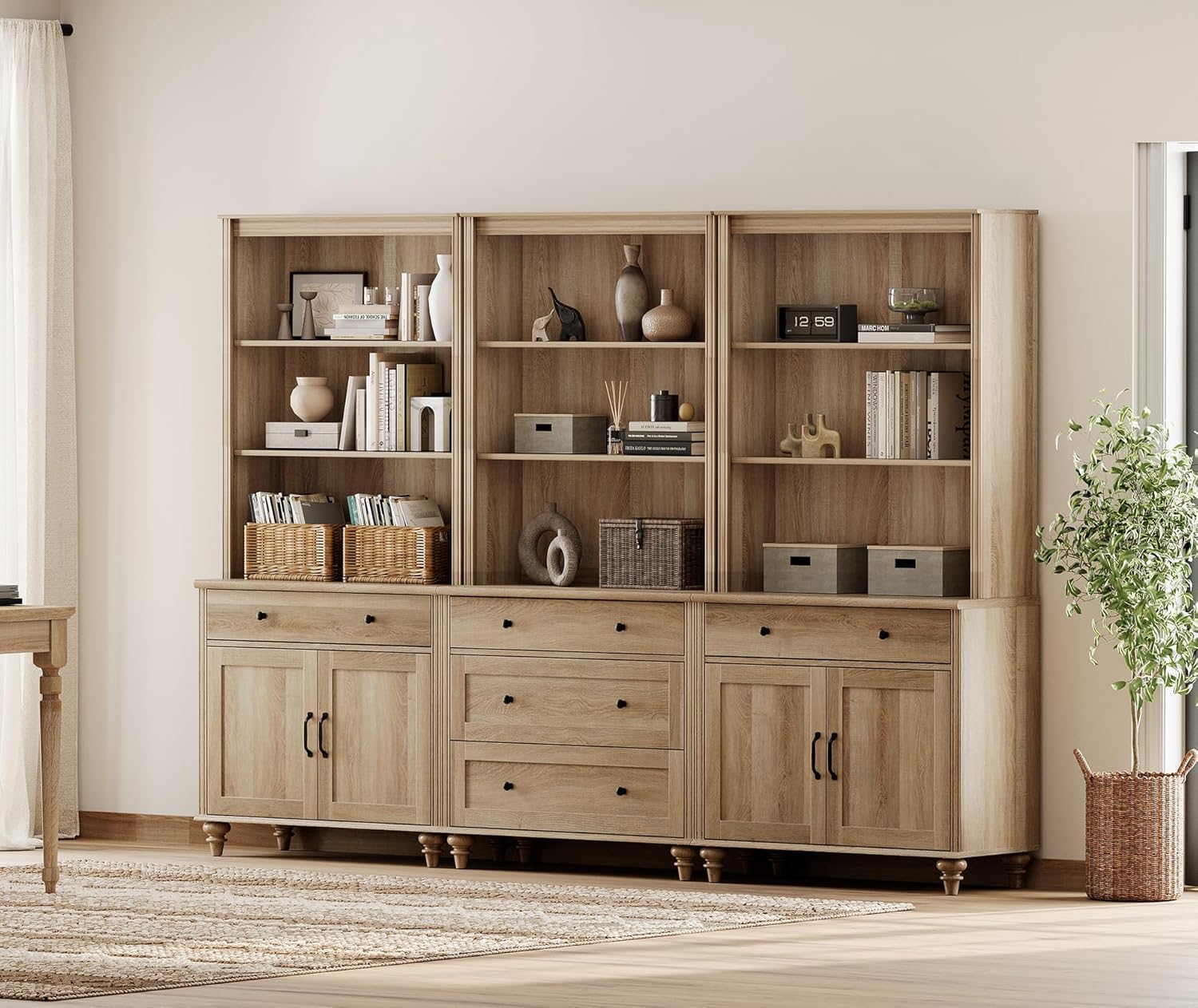 WAMPAT Set of 3 Oak Bookcase with Drawers & Doors, 5 Tier Bookshelf, 72'' Tall Book Case Shelf, Large Wood Bookcases Farmhouse Bookshelves for Living Room Bedroom Home Office Kitchen