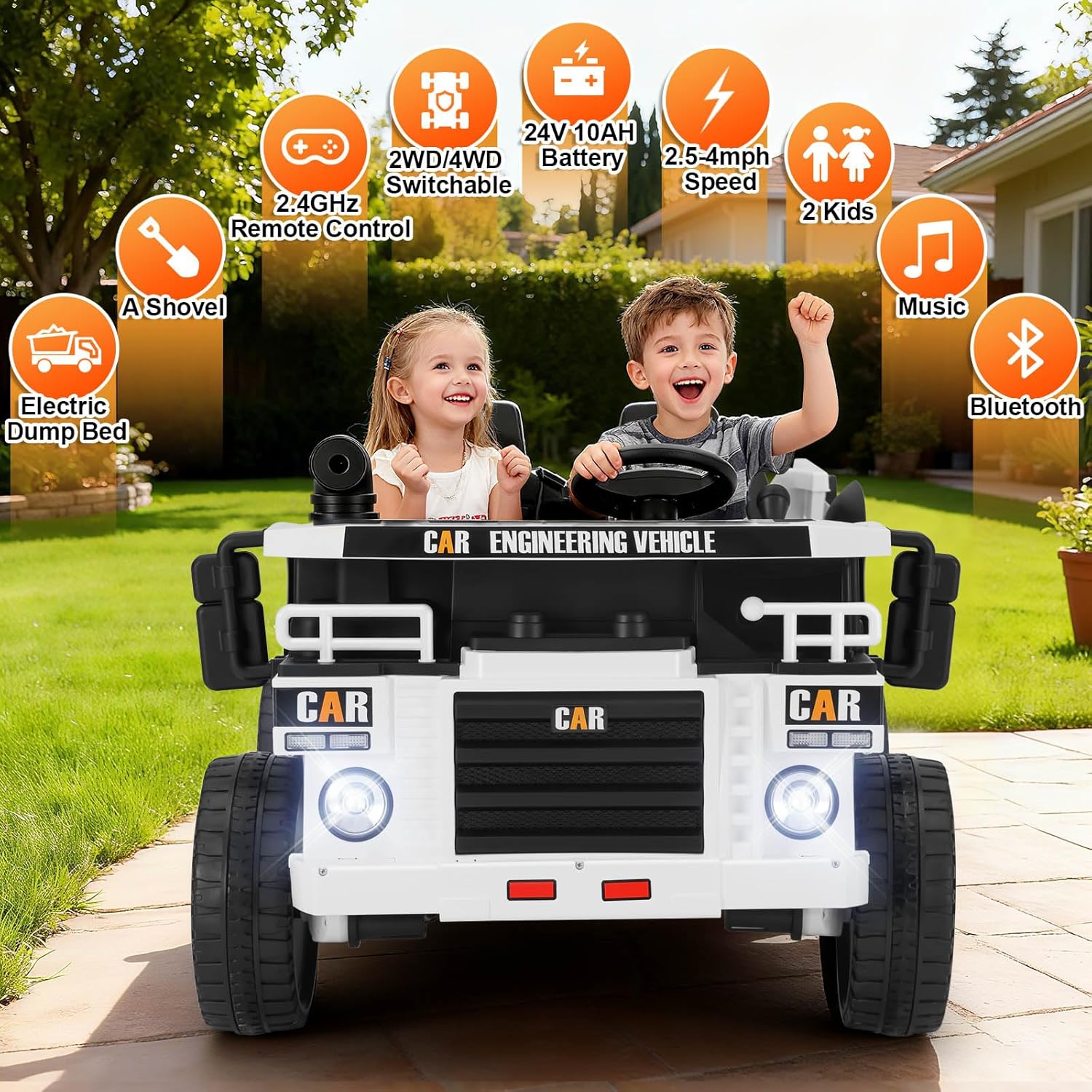 JOYLDIAS 2 Seater Ride On Dump Truck,24V10AH Battery Powered Ride On Toy, 4WD/2WD Construction Vehicles with Electric Dump Bed,4 Engines,Shovel,Remote Control, Music,Bluetooth,White