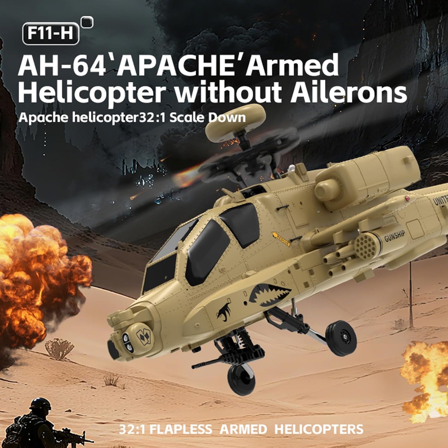Apache RC Helicopter, 1/32 Scale 2.4G 4CH Single Rotor Heli Military Aircraft with One-Key Start Altitude Hold Remote Model Birthday Gift for Enthusiasts Adults(with Camera)