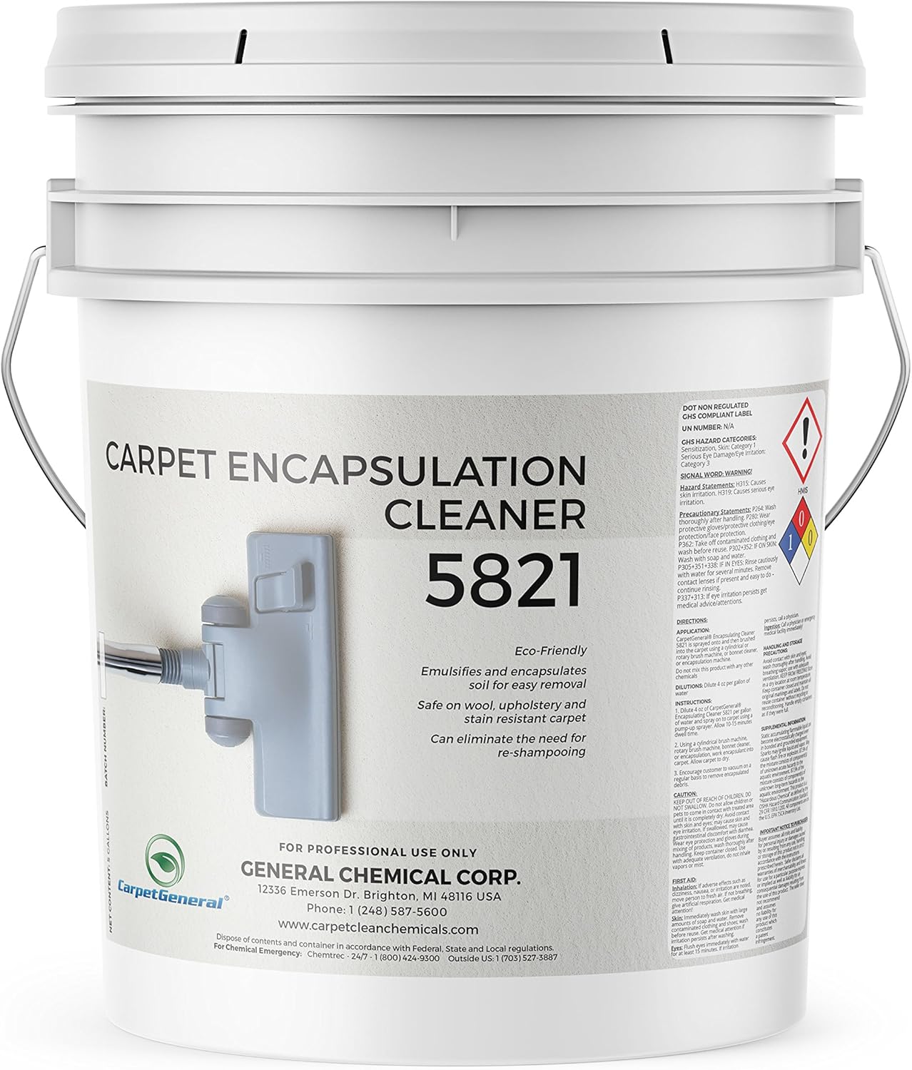 CarpetGeneral Carpet Encapsulation Cleaner 5821 - Rug Shampoo for Upholstery, Rugs, & Wool - Fast Drying, Nature Conscious Cleaning - Professional Grade Carpet Solution - 5 Gallon Pail