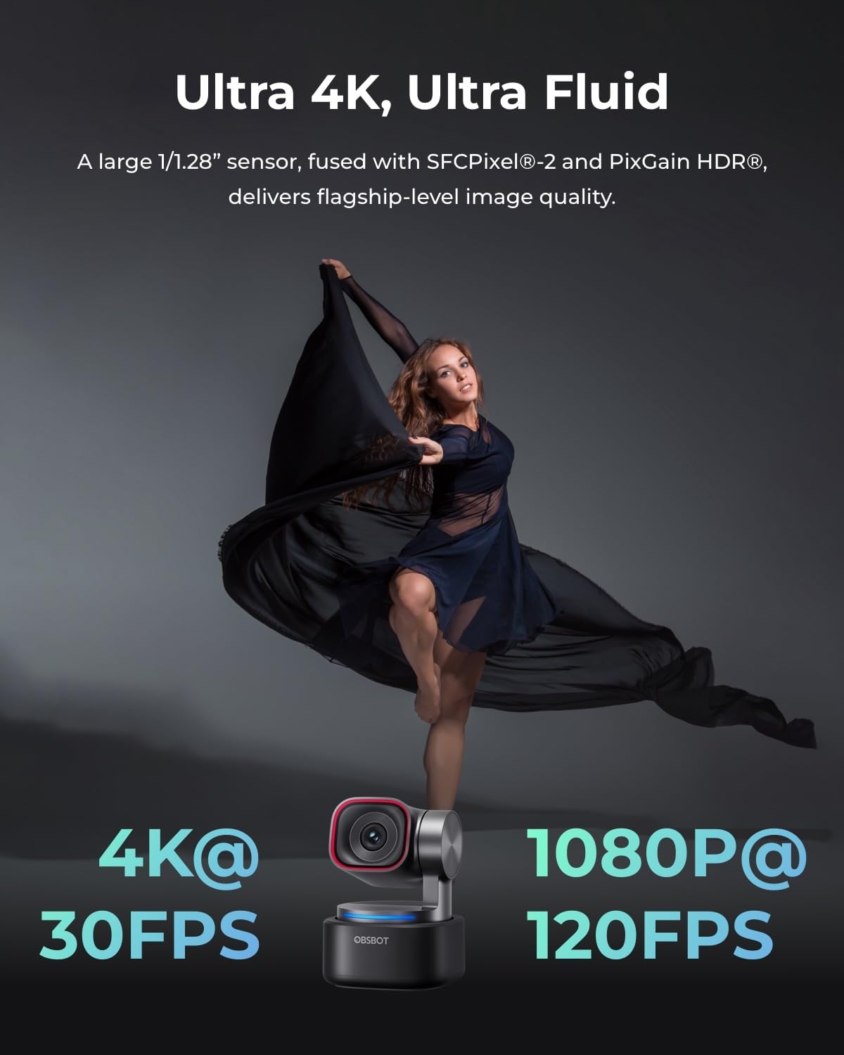 OBSBOT Tiny 3 AI-Powered Spatial Audio 4K Webcam, AI Tracking PTZ Camera with 1/1.28