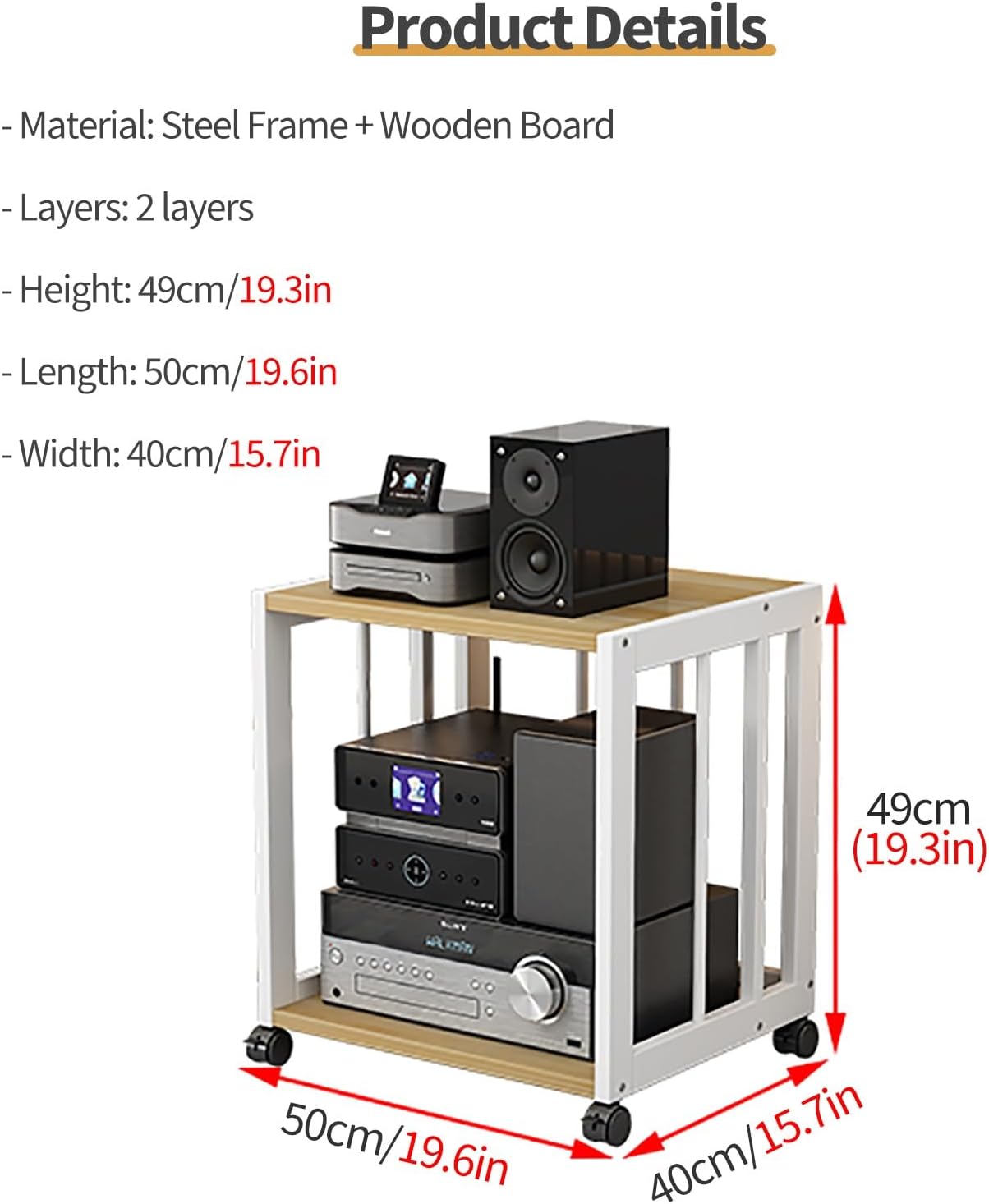 JYHHCYS Audio Video Tower Media Stand - 2/3/4/5 Shelf Stereo Rack Component Unit - Open-Ended Electronics Equipment Shelf for Home Office Living Room(2 Tier- H 49CM/19.3in)