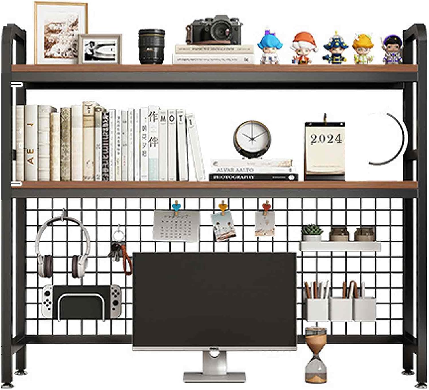 JXCAA Ladder Bookcase for Computer Desk, Dorm Room Desk Hutch, MDF + Steel Frame Material, Desktop Storage Rack, DIY Storage, L55/ 75/95 Cm, 95*32cm Original Oak