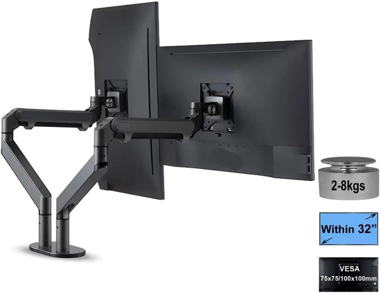 OZ-2 Dual Arm Monitor Mount Desktop Stand Full Motion Aluminum 17-32 Inch Monitor Stand Gas Spring Arm Loading 2-8 kg/Stand(Silver Grey)