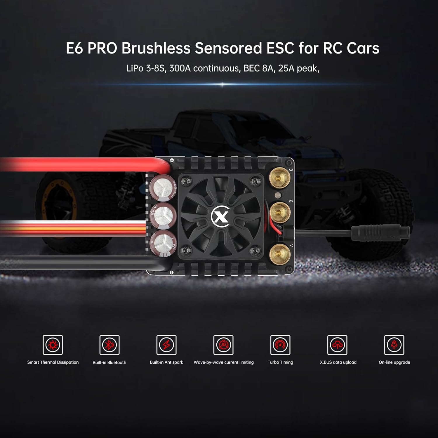 XC E6PRO Sensored Brushless ESC for RC Car, 3-8S Lipo,300A Continuous Current,8-25A 6.0/7.4/8.4V BEC,Efficient Protection,Support Turbo Timing and APP Control, Applicable to 1/6、1/7