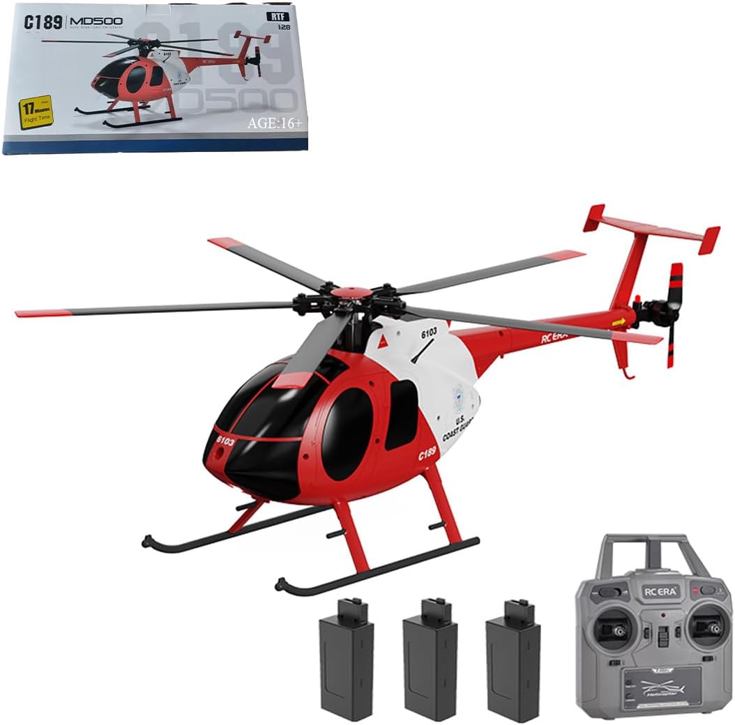 C189 MD500 Remote Control Helicopter for Adults, 1/28 Scale 4CH Single-Rotor Helicopter with 6-Axis Gyro and Brushless Motor, 2.4GHz RC Aircraft RTF with Optical Flow Localization (3 Batteries)