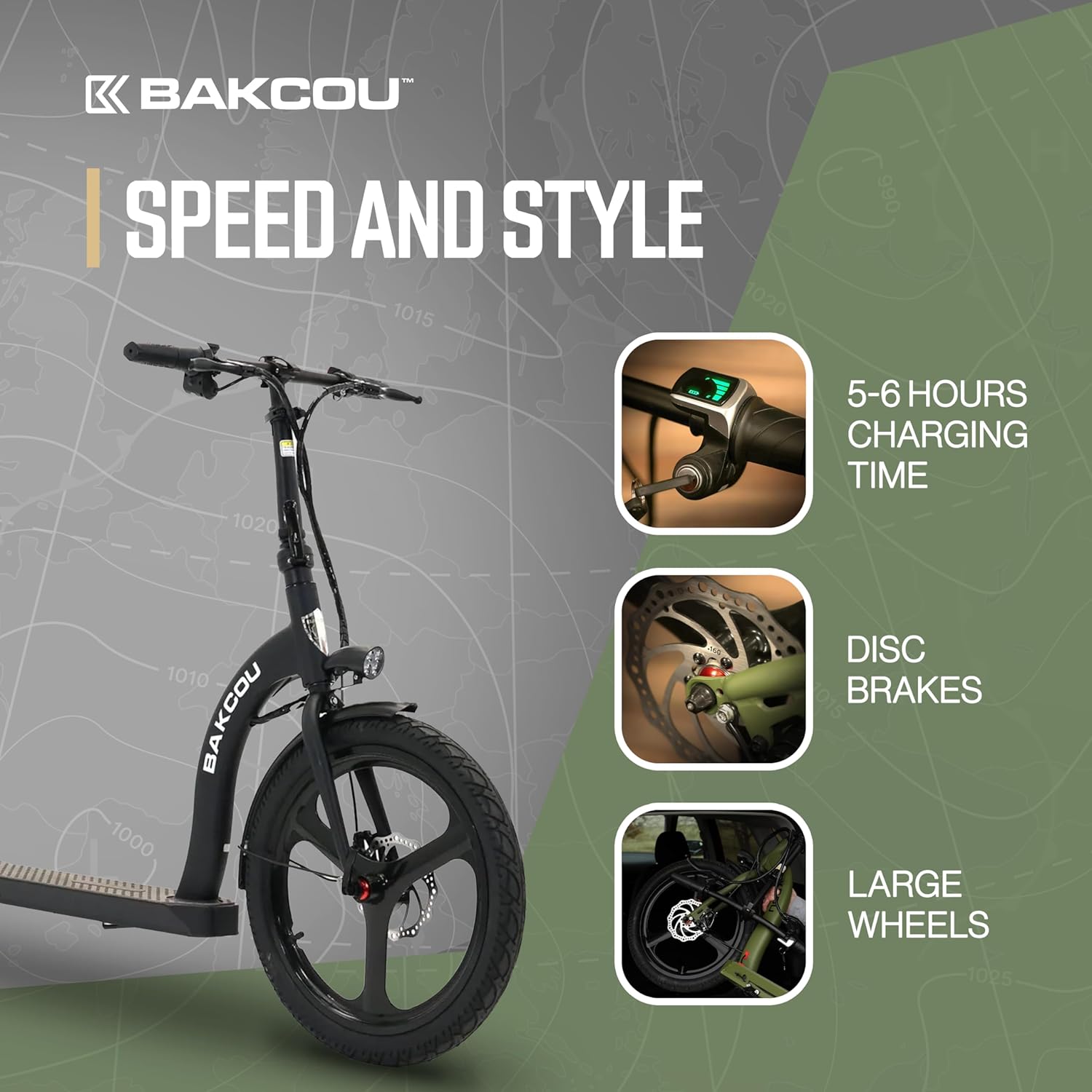 Bakcou - Badger Electric Scooter - 350W Motor, 36V Battery, Foldable, Disc Brakes, Lights, Horn, 20