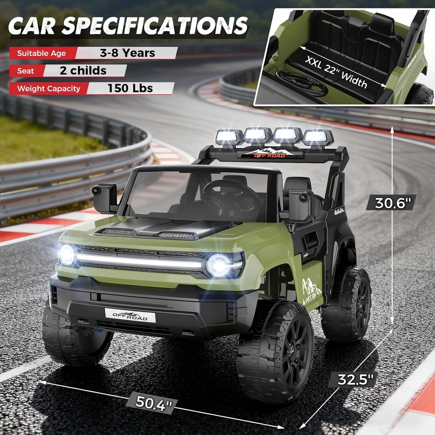 Hikole 2 Seater 24V Ride on Toys for Kids, Power Wheels with Remote Control, Electric Vehicle, 4×200W Strong Motors, XXL 22'' Seat, Long LED Lights/Shock Springs/Rear Storage/Dashboard-Green