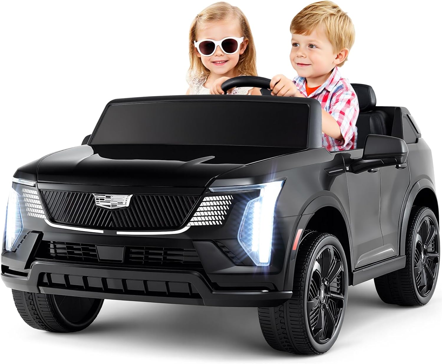Costzon 2 Seater Ride on Truck, 24V Licensed Cadillac Kids Car Electric Vehicles w/Remote Control, 3 Speeds, LED Lights, Horn, Music, Story & 4-Wheeler Suspension, Ride on Car Toy for Aged 3+(Black)