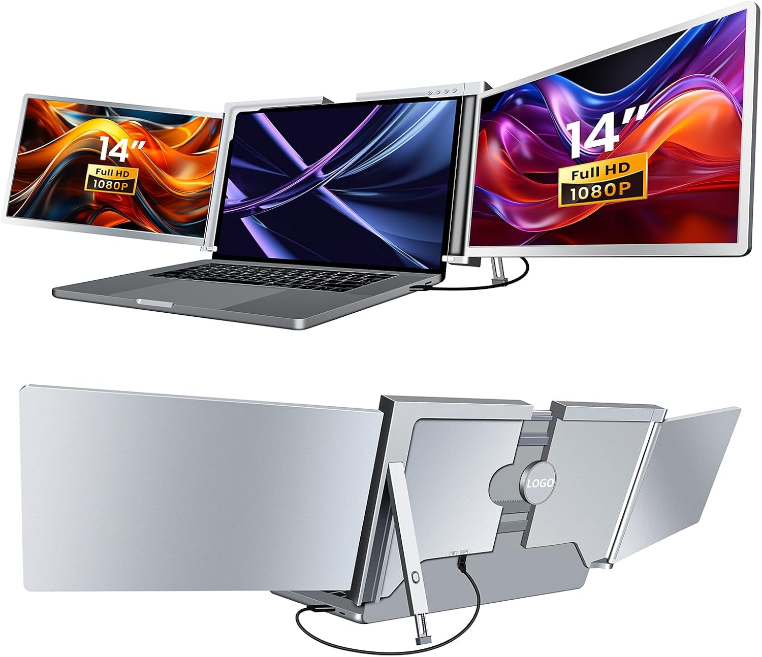 RayCue Triple Laptop Screen Extender,[Only 1 Cable to Connect],14'' FHD 1080P 16:10 USB-C Laptop Screen Extender for Windows MacOS, Plug and Play for 13-17.3'' Type-C/USB-A Laptop