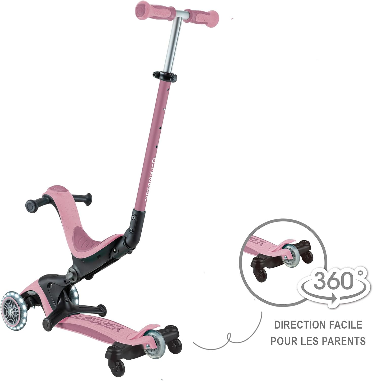 Globber - GO•UP Deluxe Lights ECO 360-3-Wheel Scooter with 360° Rotatable Seat, Footrest, LED and Durable Materials, 15 Months to 6 Years - Berry Pink