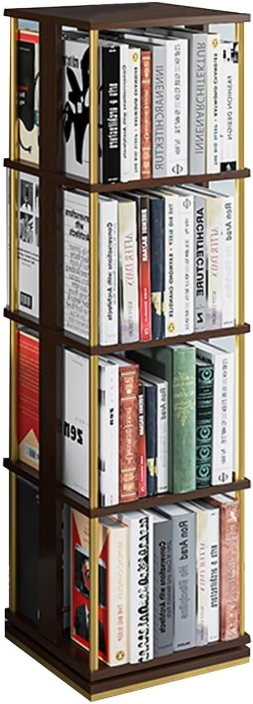 Square Rotating Bookshelf - 360° Rotating Floor-standing Storage Rack, 3/4/5 Tiers Metal Large Capacity Bookshelf, Home Mobile Living Room Simple Student And Children Storage Bookcase ( Color : Walnut