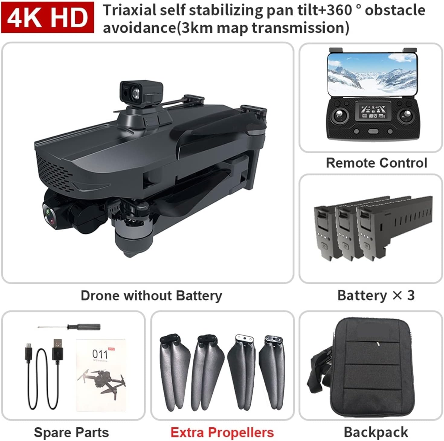 Drone Drone 4K Professional Dual HD Camera Three-Axis Gimbal Optical Flow Brushless Motor Foldable Quadcopter RC One Key Take Off/Landing (Color : 011 Pro Max 2B 32G Size : 1) (011 Pro Max 3b 32g 1)