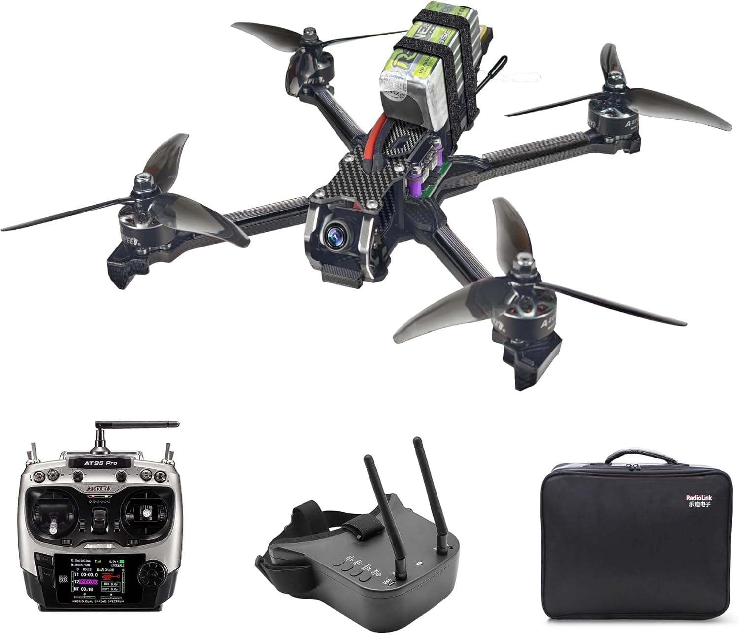 Radiolink Wolf QAV250 FPV Racing Drone RTF High-speed 180km/h, Equipped with AT9S Pro Transmitter and Receiver, Built-in CrossRace Pro FC, FLYCOLOR 55A 4-in-1 ESC(Analog Video Transmission Version)