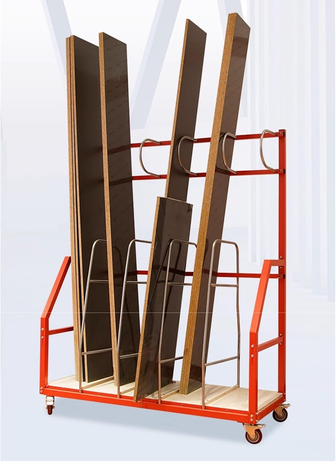 Wooden Board Sorting Rack 59.1x23.6x74.8 inch, Heavy Duty Material Handling Vertical Panel Cart, Furniture Factory Shelves 5 Partitions Storage Panel Mover Standing Shelf with Caster