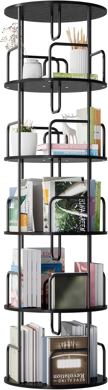 WZONICE98 360 ° Rotating Bookshelf Tower 5 Tier Display Rack Durable Book Shelf Narrow Tall Bookcase Sturdy Vertical Turning Round Organizer Storage Shelves for Bedroom Living Room MDF Iron Black