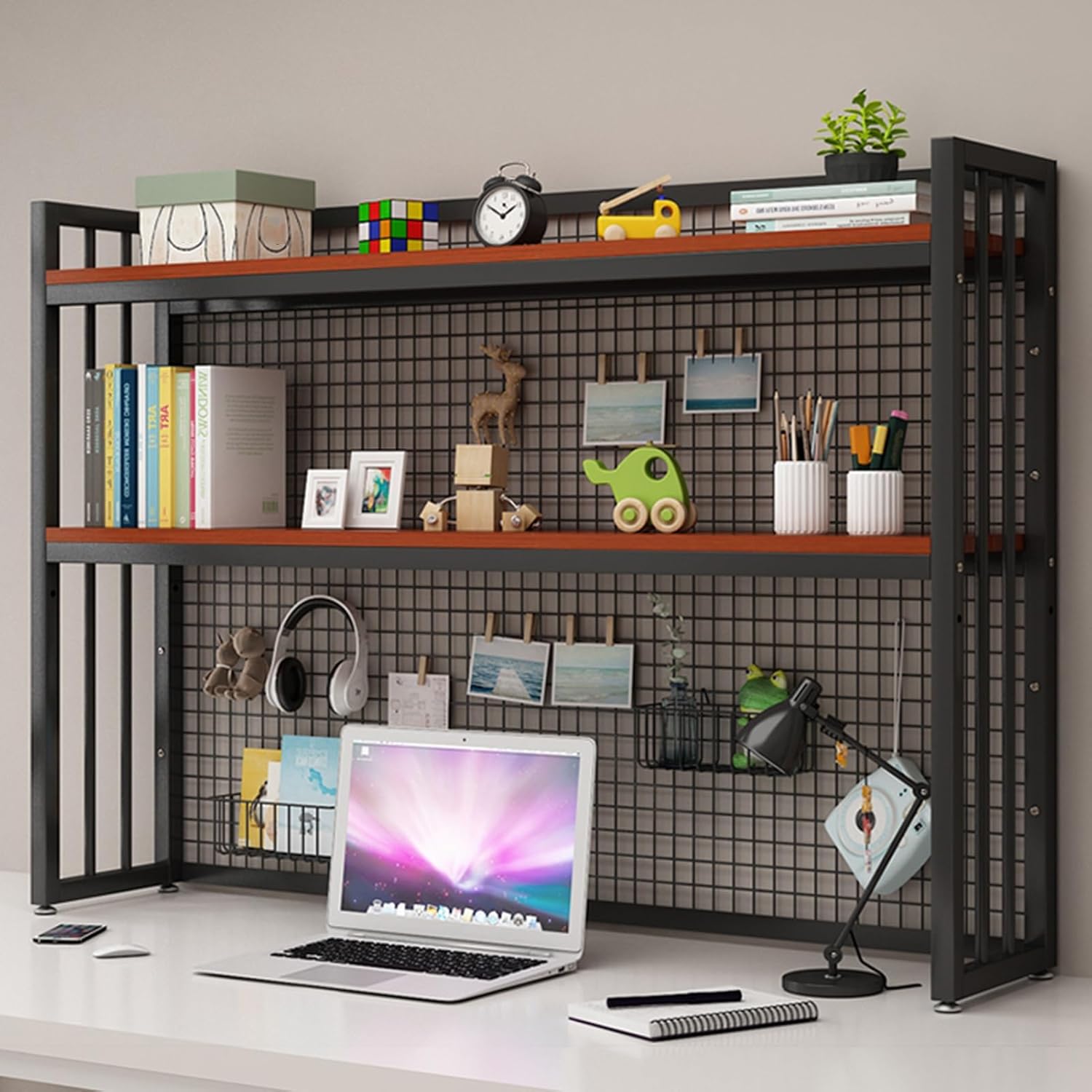 YVYKFZD 2 Tier Desktop Bookshelf, Adjustable Desk Bookcase, Open Metal Display Storage Rack with Grid Panel, Freestanding Corner Book Shelf Organizer Space Saver(Black 2,W 115cm/45.2in)