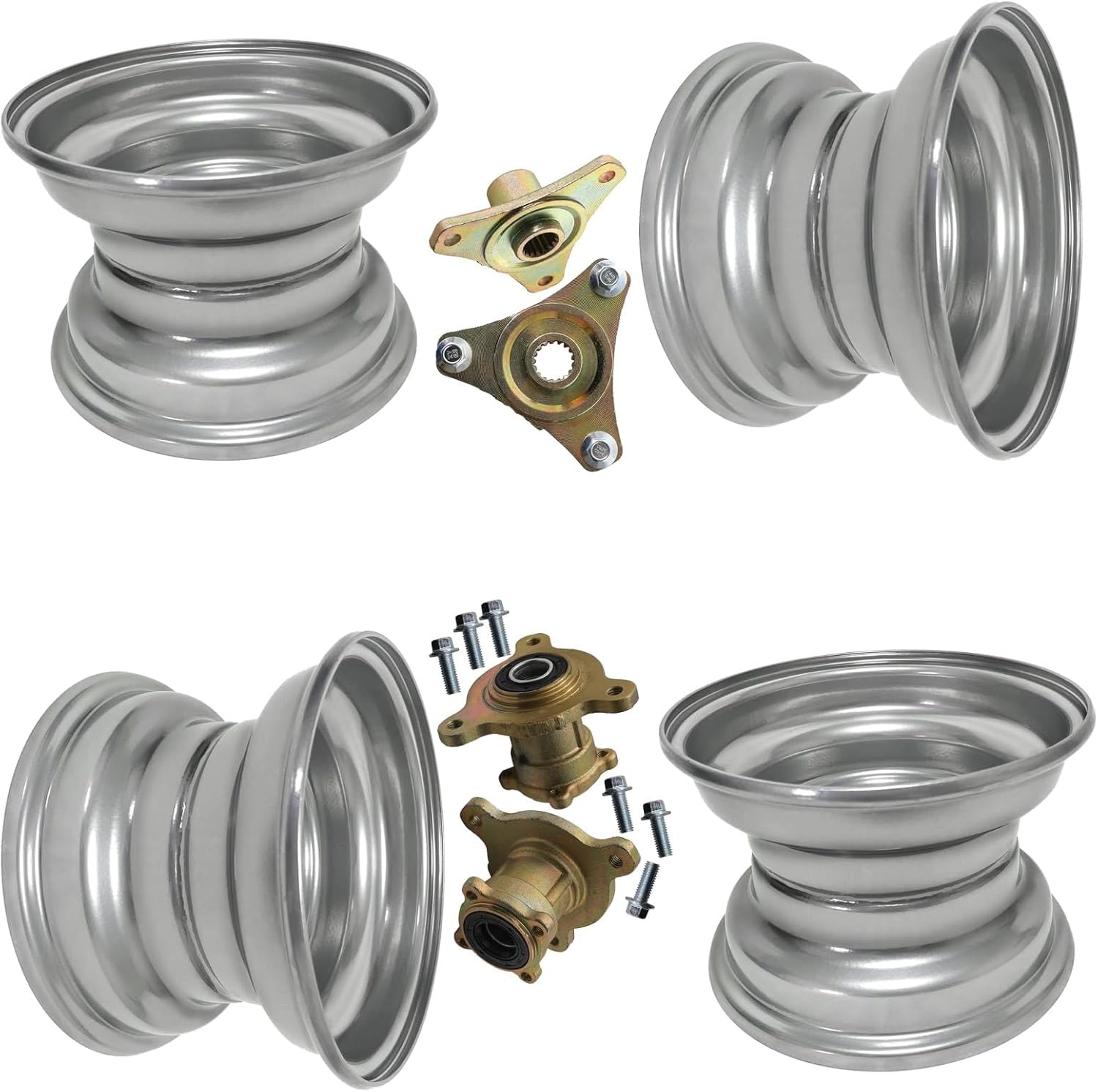 145/70-6 Go Kart Wheel Rim Set with Hubs – 6 Inch 3 Bolt Rims 78mm Bolt Pattern + 17T Spline Rear Hubs + Front Wheel Hubs for ATV Mini Bike Scooter Quad Buggy Drift Trike (Silver)