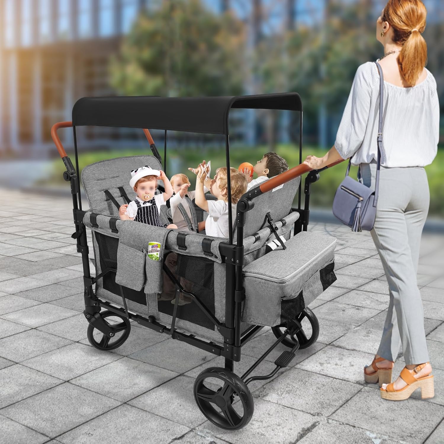 4 Seater Folding Wagon Stroller, All-Terrain Wagon Cart with Removable Canopy Push Pull Quad Collapsible Stroller with Adjustable Handle & 5-Point Harnesses for Garden Beach (Gray, for 4 Kids)