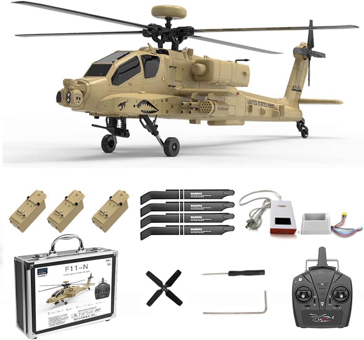 FunXylophy F11-N AH64 Apache RC Helicopter, 1/32 Scale 2.4G 6CH Dual Rotor 6G/3D RC Helicopter with Optical Flow Altitude Hold and One Click Descent (RTF Version/Desert Yellow)