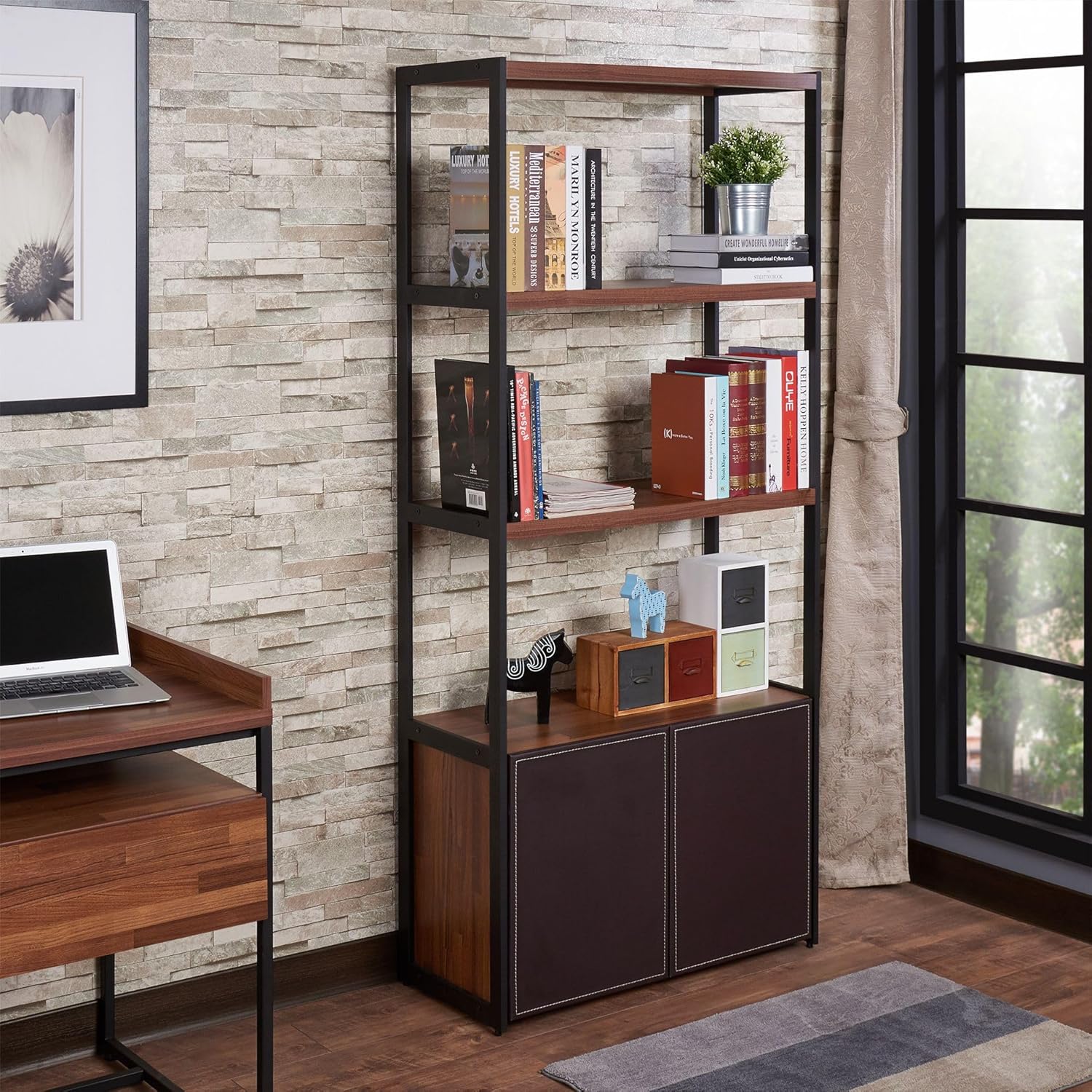 Jenvor Bookshelf Storage Cabinet Sara Walnut and Sandy Black Finish PU Bookcase with Door Cabinet 31x18 in Shelf Size 31x14 in Assembly Required for Living Room Office Study