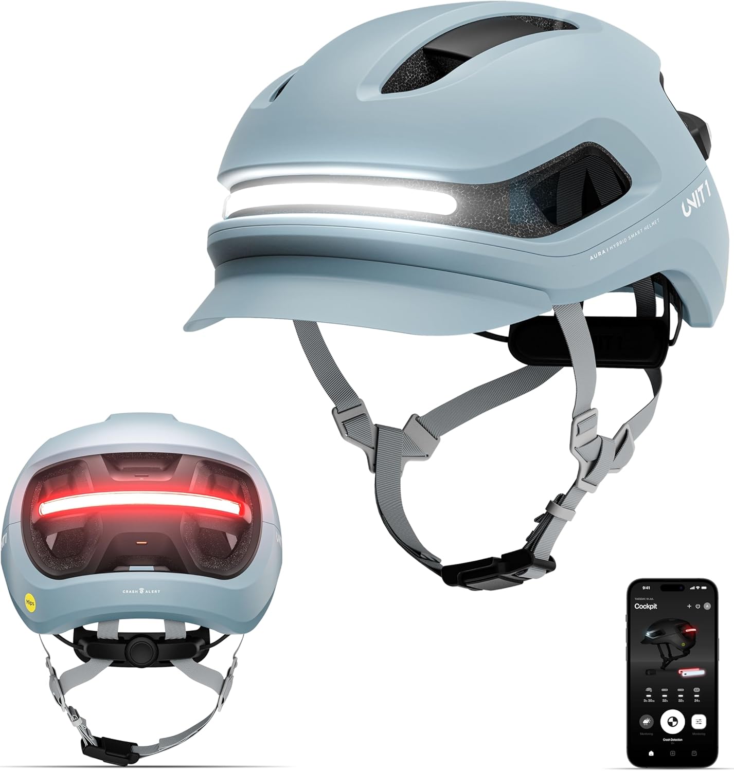UNIT 1 Aura Hybrid Smart Bike Helmet | Urban & Road | MIPS | LED Front & Rear | Turn & Brake Light Compatible w/Remote | Crash Alert | E-Bike Fully Certified | Lightweight & Ventilated | App