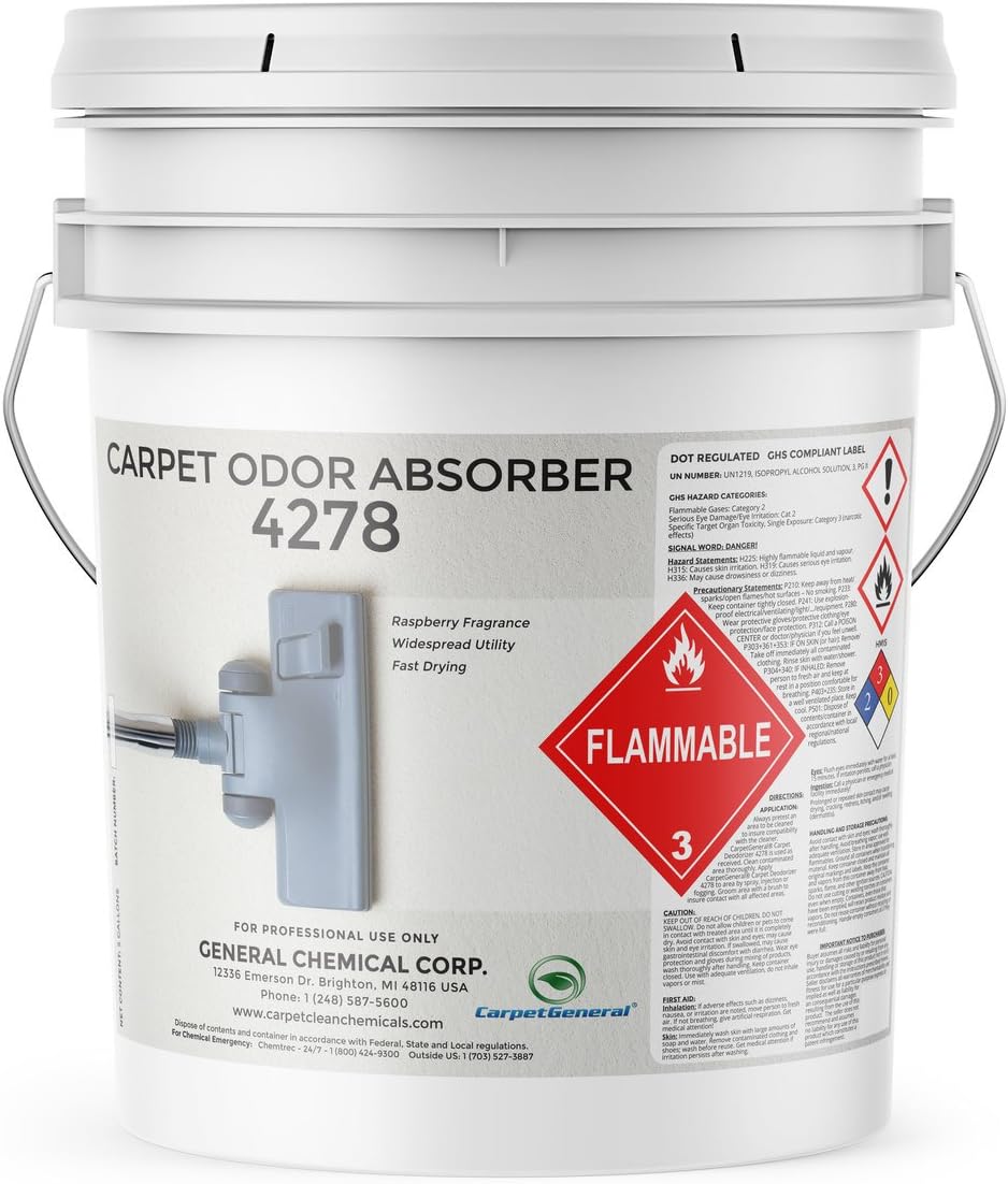 CarpetGeneral - Carpet Odor Absorber 4278 - Concentrated Neutralizer, Deodorizer, and Eliminator - for Home Carpets and Surfaces - Organic Odors - Raspberry - Professional Grade - 5 Gallon Pail