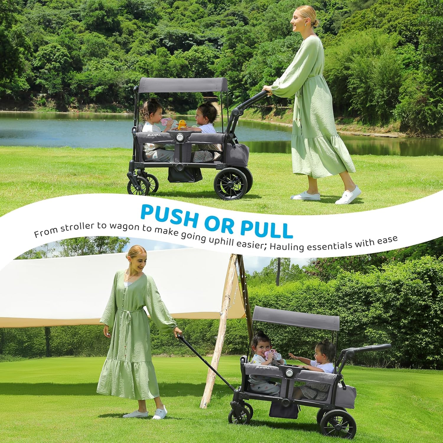 ELEMARA Foldable Wagon Stroller, Stroller Wagon for 2 Kids, Premium All Terrain Wagon for Kids with Removable Canopy, Adjustable Push/Pull Handle, Harnesses, Large Storage Bag