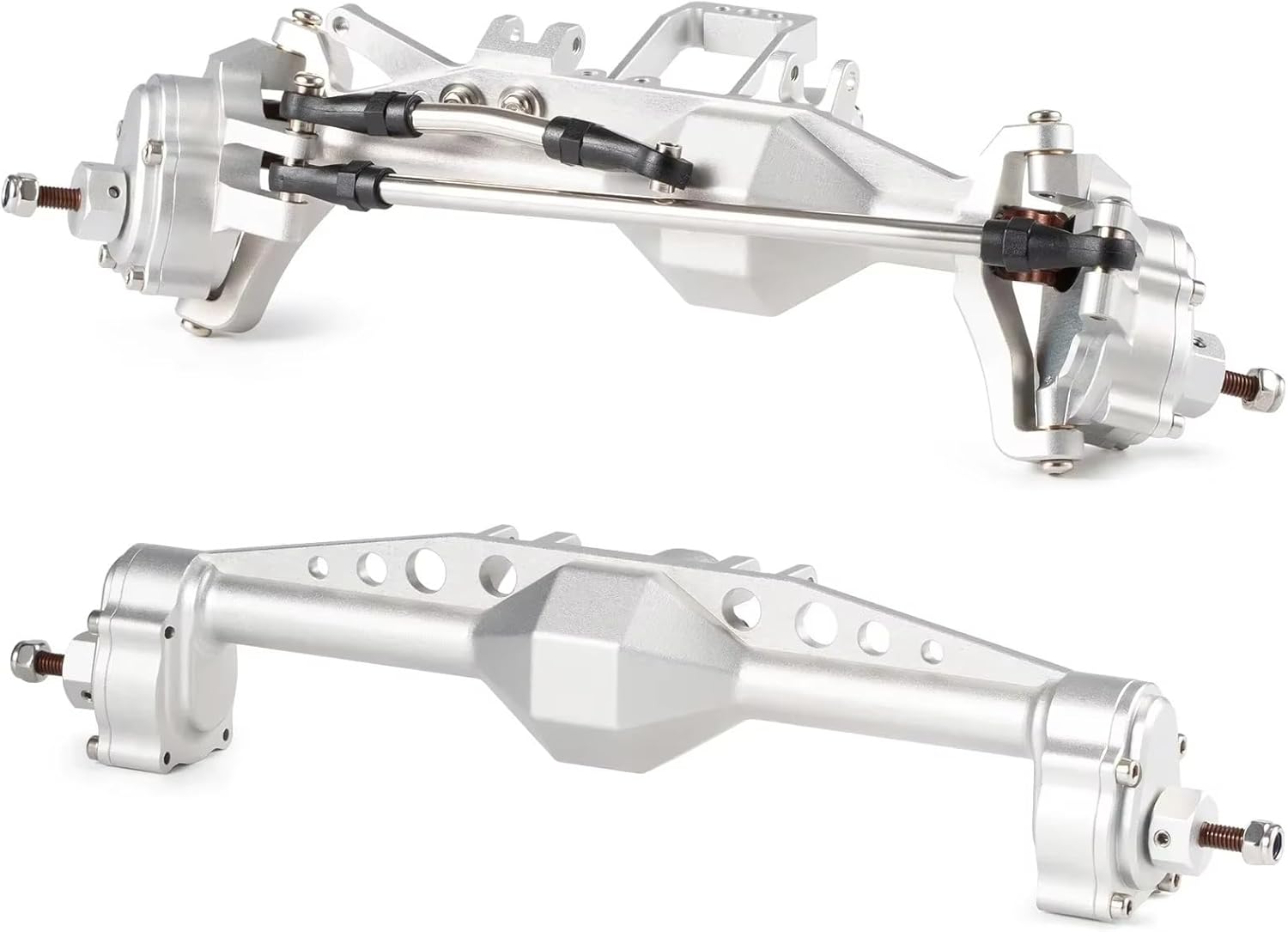 RC Car Front Rear Axle Compatible with H10 for Optic for Capra RC for Rock Crawler for LCG Cheater Rigs Machined Offset Portal Front Rear Axle with Servo Mount(Silver,Front and Rear)