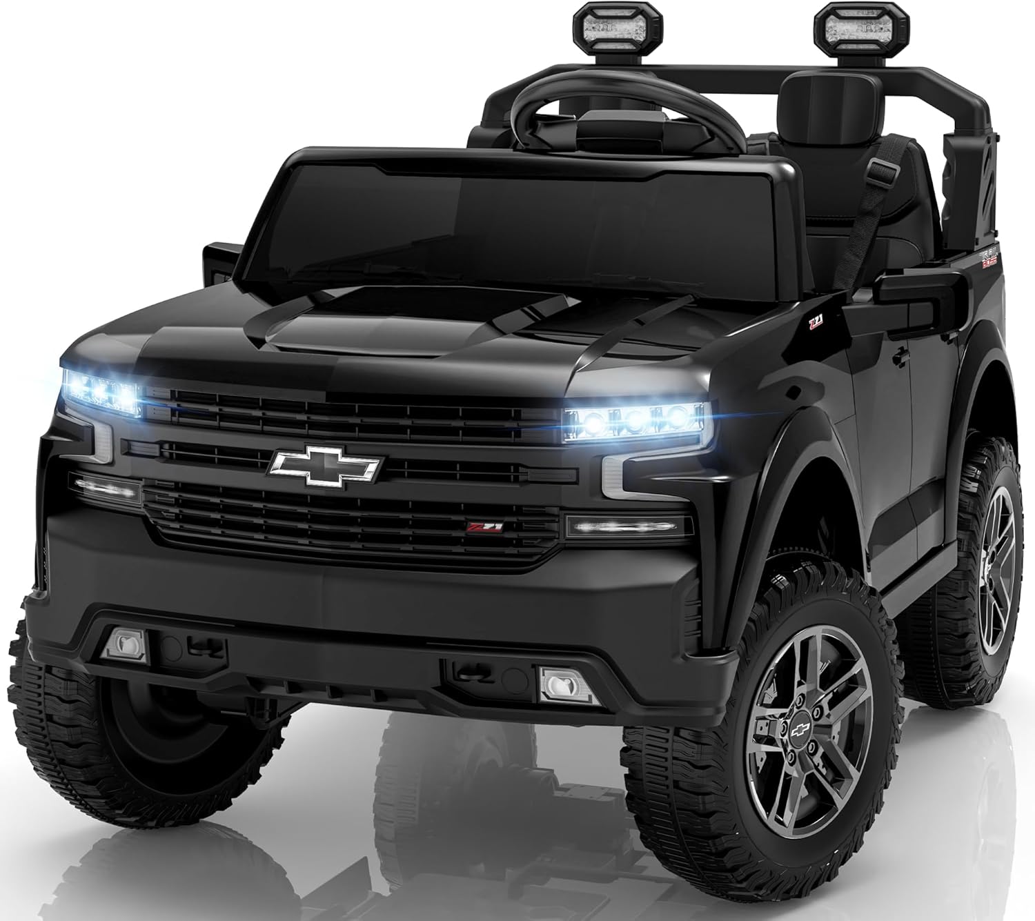 ENYOPRO 24V Ride on Toys, Licensed Chevrolet Silverado LT Trail Boss 2 Seater Ride on Car for Kids, Toddler Electric Car w/Remote Control, Safety Belt, Truck Bed Storage, LED Lights, Bluetooth, Black