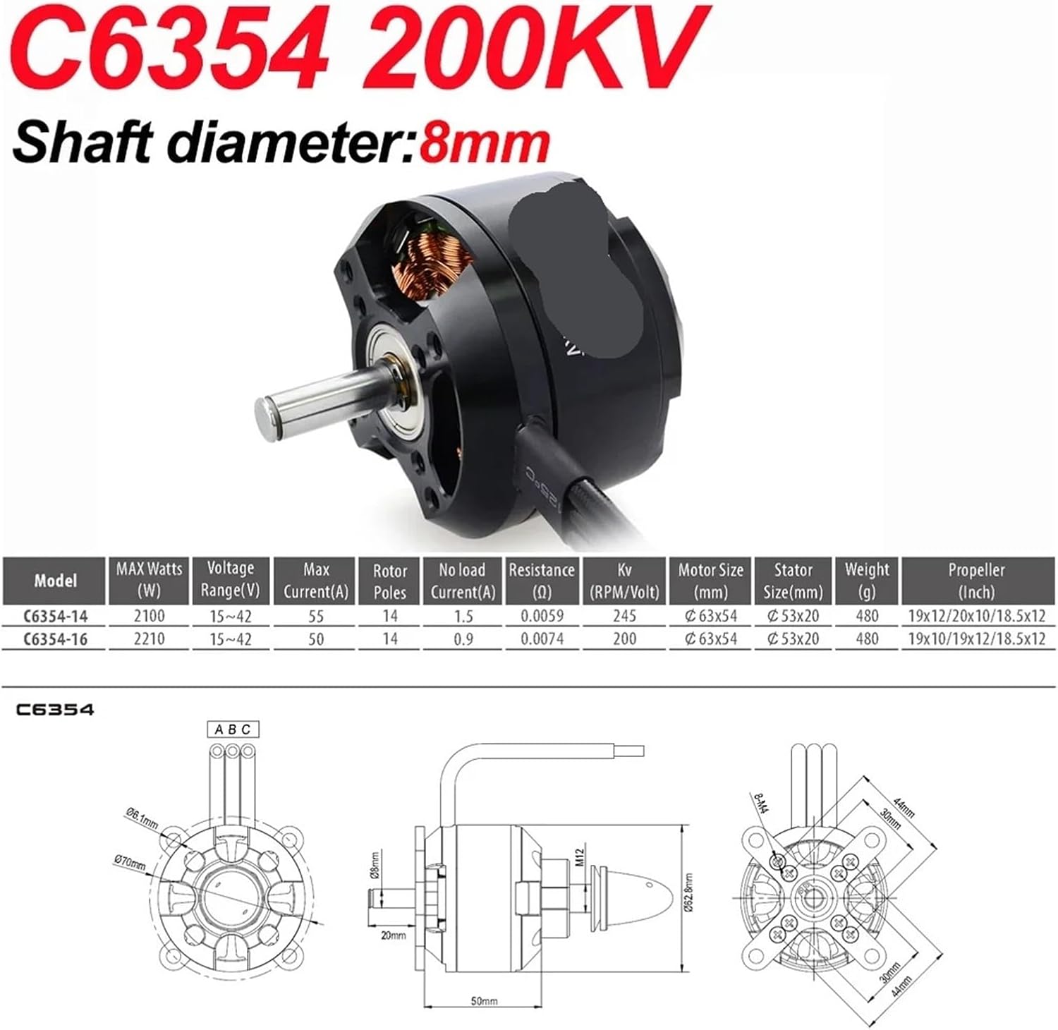 C6354 200KV Outer Rotor Brushless Motor